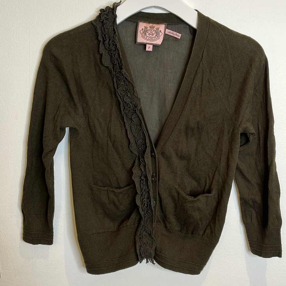 Juicy Couture Olive Green Sheer 3/4 Sleeve Ruffle Cardigan Top Women's P